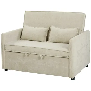 HOMCOM Canapea extensibila 2 locuri, Canapea-pat 3 in 1 din chenille 125 cm cu spatar reglabil, sezut lat, 2 perne, Crem | Aosom Romania imagine