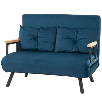 HOMCOM Canapea extensibila 2 locuri cu spatar reglabil la 5 nivele si 2 perne captusite, tapiterie efect catifea, albastru | Aosom Romania imagine