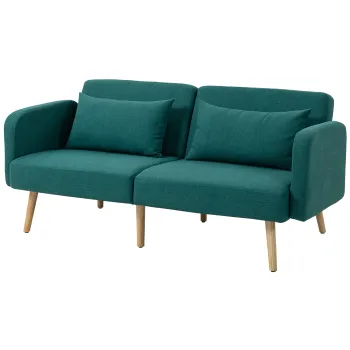 HOMCOM Canapea extensibila, canapea 3 locuri cu functie de pat, 2 perne, canapea tapitata cu spatar reglabil, aspect de in, Verde | Aosom Romania imagine