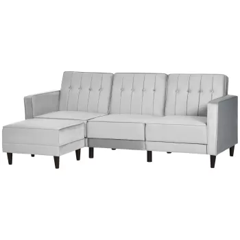 HOMCOM Canapea extensibila cu 3 locuri cu taburet si spatar inclinabil, tapiterie din catifea si scaun captusit, 218x85x86 cm, gri deschis | AOSOM RO imagine