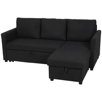 HOMCOM Canapea Extensibila cu 3 Locuri si Sezlong Convertibil, Canapea de Colt Pliabila cu Compartiment de Depozitare si 3 Perne Detasabile, Material Textil cu Efect de In, Living, 192x148x86cm, Gri Inchis | Aosom Romania imagine