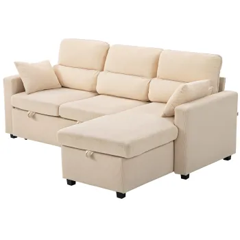 HOMCOM Canapea Extensibila in Forma de L cu Spatiu de Depozitare si 2 Perne Bej | Aosom Romania imagine