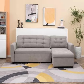 HOMCOM Canapea Extensibila pe Colt cu 3 Locuri cu Sezlong si Compartiment de Depozitare Tapiterie Efect In, 217x134x85cm, Gri imagine