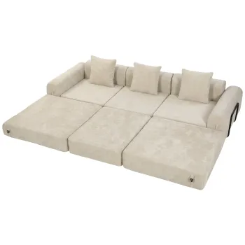 HOMCOM Canapea extensibila pliabila 245 cm, canapea comprimata 3 locuri modulara din chenille cu sezut lat, 3 perne, bej | Aosom Romania imagine