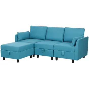 HOMCOM Canapea Modulara cu Taburet si Spatii de Depozitare, Canapea Coltar in Forma de L, 213x156x88 cm, Albastru | Aosom Romania imagine