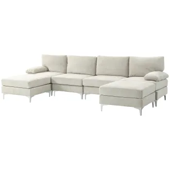 HOMCOM Canapea Modulara de 4 Locuri cu 2 Fotolii pentru Picioare, Perne pentru Brate si Spatar, 313x149x88 cm, Crem Alb | Aosom Romania imagine
