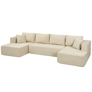 HOMCOM Canapea modulara in U comprimata 337 cm, canapea convertibila 4 locuri din velur canelat, sezut lat, crema | Aosom Romania imagine