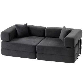 HOMCOM Canapea-Pat 2 locuri Extensibila Tapitata in Chenille cu Captuseala Groasa Brate Late 2 Perne Gri Inchis | Aosom Romania imagine