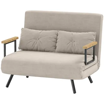 HOMCOM Canapea Pat de 2 Locuri cu Spatar Reglabil pe 5 Nivele si 2 Perne din Material Capitonat, 102x73x81 cm, Crem Alb | Aosom Romania imagine