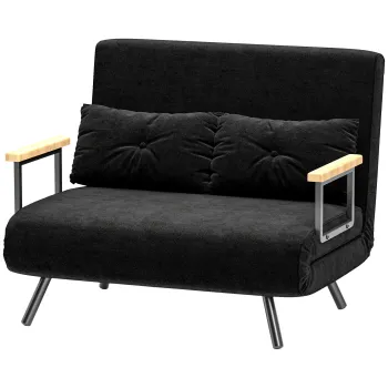 HOMCOM Canapea Pat de 2 Locuri cu Spatar Reglabil pe 5 Nivele si 2 Perne din Material Capitonat, 102x73x81 cm, Negru | Aosom Romania imagine