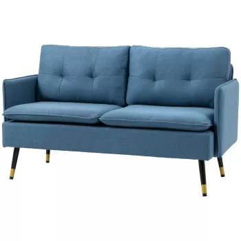 HOMCOM Canapele cu 2 locuri pentru camera de zi, canapea din tesatura, scaun de dragoste cu buton cu perne, albastru inchis | AOSOM RO imagine