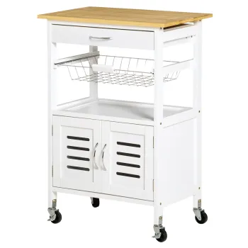 HOMCOM Carrito de Cocina cu Roti Caru cu Depozitare Multifunctional cu Suprafata de Lucru din Bambus Sertar Cos Metalic si Dulap cu 2 Usi cu Jaluzee 58x37x85,5 cm Alb | Aosom Romania imagine