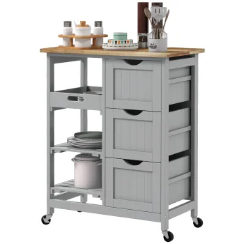 HOMCOM Carucior Auxiliar cu Roti Carucior de Bucatarie cu 3 Sertare 2 Rafturi Deschise si Tava Detasabila 67x37x85,5 cm Gri | Aosom Romania imagine