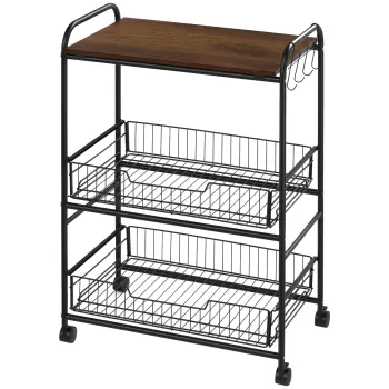 HOMCOM Carucior Auxiliar cu Roti de 3 Nivele Carucior de Bucatarie cu 2 Cosuri si 4 Carlige 60x38x85,5 cm Maro Rustic | Aosom Romania imagine