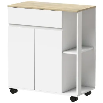 HOMCOM Carucior Bucatarie, Insula Bucatarie cu Sertar, Dulap, 2 Rafturi Laterale si Rafturi Reglabile, Carucior Multifunctional din Lemn, 78x39,5x88,5 cm, Alb si Stejar | Aosom Romania imagine