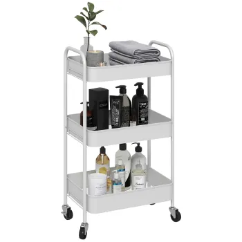 HOMCOM Carucior cu roti pentru depozitare pe 3 nivele, Carucior utilitar rulant cu 3 cosuri din plasa pentru camera de zi, bucatarie, Alb imagine