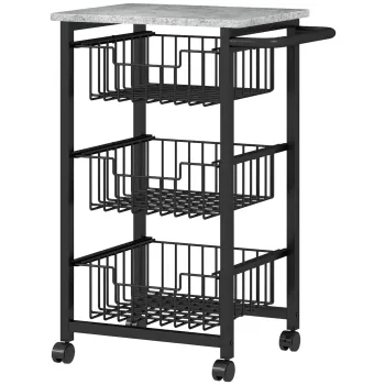 HOMCOM Carucior de bucatarie cu 3 cosuri si maner, din otel si lemn, 49,5x31x69 cm, negru si gri deschis | Aosom Romania imagine