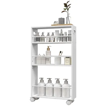 HOMCOM Carucior de Bucatarie cu 3 Nivele, Bare Laterale, 4 Roti si 2 Frane, 45x15x80 cm, Alb | Aosom Romania imagine