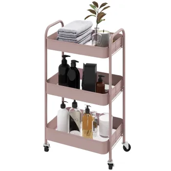 HOMCOM Carucior de Bucatarie cu 3 Nivele, Manere si 4 Roti, 45x30,6x79 cm, Roz | Aosom Romania imagine