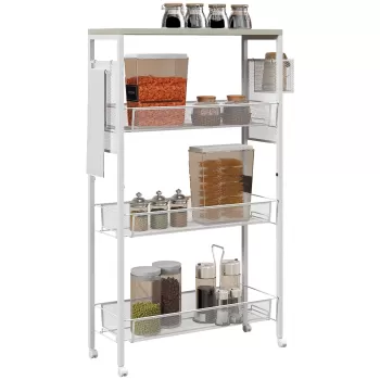 HOMCOM Carucior de Bucatarie cu 3 Nivele, Multifunctional pe Roti cu 3 Cosuri din Sarma de Otel, Carlig, Carucior de Servire Rulant, Alb | Aosom RO imagine