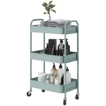 HOMCOM Carucior de Bucatarie cu 3 Niveluri, Manere si 4 Rotile, 45x30,6x79 cm, Albastru Deschis | Aosom Romania imagine