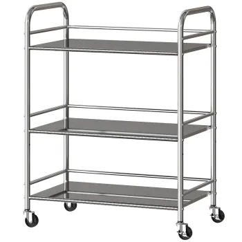 HOMCOM Carucior de bucatarie cu 3 rafturi pe roti, cu manere, argintiu | Aosom Romania imagine