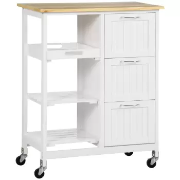 HOMCOM Carucior de bucatarie cu 3 sertare, 2 rafturi deschise si tava detasabila, din MDF si lemn de pin, 67x37x84cm, culoare lemn si alb imagine