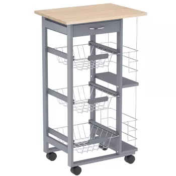 HOMCOM Carucior de Bucatarie cu 3 Sertare Detasabile, un Sertar si 2 Suporturi Sticle, din Lemn de Pin si Metal, 47x37x83cm Stejar si Gri | Aosom RO imagine