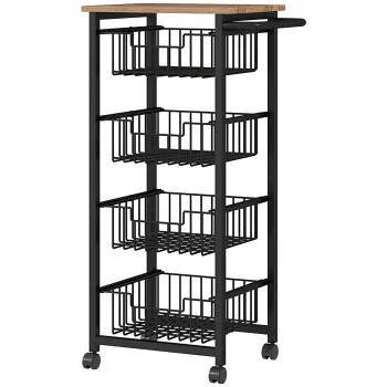 HOMCOM Carucior de Bucatarie cu 4 Cosuri Detasabile, Roti si Frane, Otel si Lemn, 49.5x31x91 cm, Stejar | Aosom Romania imagine