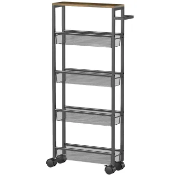 HOMCOM Carucior de bucatarie cu 4 roti, carucior de depozitare cu roti, blat cu aspect de lemn, structura metalica, 47x13x96,5 cm, negru | Aosom Romania imagine
