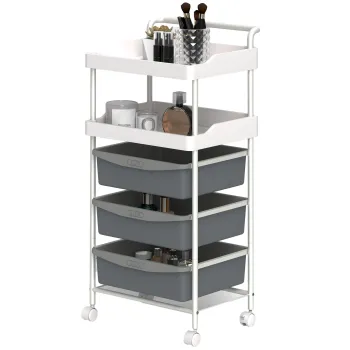 HOMCOM Carucior de Bucatarie cu 5 Niveluri, 2 Rafturi Fixe si 3 Rafturi Culisante, 40x34x85 cm, Alb | Aosom Romania imagine