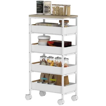 HOMCOM Carucior de Bucatarie cu 5 Niveluri, cu 4 Cosuri Extensibile, Alb si Stejar | Aosom Romania imagine