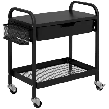 HOMCOM Carucior de Bucatarie cu Cos de Depozitare, Sertar Retractabil si 3 Carlige, Carucior Multifunctional din PP si Metal cu Manere, 61x32.6x58.5 cm, Negru imagine