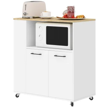 HOMCOM Carucior de Bucatarie cu Raft Deschis, Dulapior cu 2 Usi si Raft Lateral pe 2 Niveluri, 75x40x80,5 cm, Alb | Aosom Romania imagine