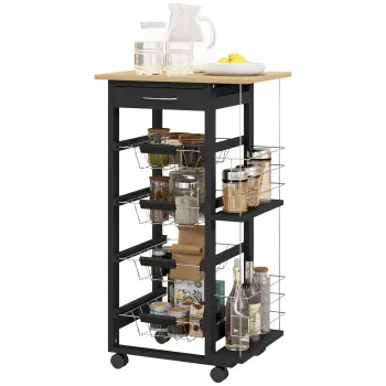 HOMCOM Carucior de Bucatarie cu Roti Carucior Multiusos cu Sertar 4 Cosuri Detasabile de Metal si Rafturi 47x37x83 cm Negru | Aosom Romania imagine