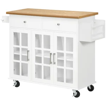 HOMCOM Carucior de bucatarie cu roti Insula de bucatarie cu 2 sertare 3 usi din sticla securizata suport prosop 124,5x39,5x90 cm Alb | Aosom Romania imagine