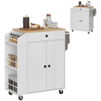 HOMCOM Carucior de bucatarie cu sertar, dulap, raft pentru condimente, suport pentru prosoape,  82 x 38 x 86,5 cm, Alb/Stejar | Aosom Romania imagine