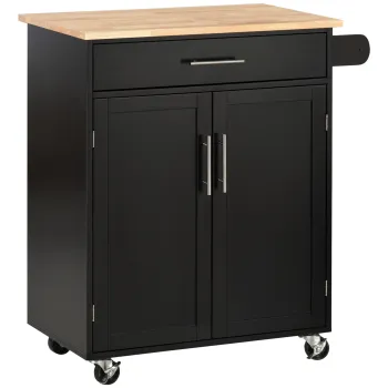 HOMCOM Carucior de Bucatarie cu Sertar si Dulap cu 2 Usi, Insula de Bucatarie cu roti si bara laterala, 83x45x91.5 cm, Negru imagine