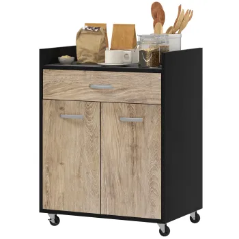 HOMCOM Carucior de Bucatarie cu Sertar si Dulapior, Insula de Bucatarie cu 4 Roti si Raft Reglabil, 60x40x77 cm, Negru | Aosom Romania imagine