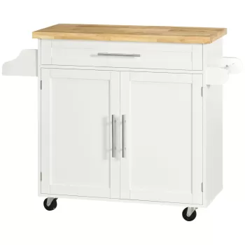 HOMCOM Carucior de bucatarie cu sertar, suport condimente si dulap, 4 roti si blat din lemn, 109x40x89cm, alb | AOSOM RO imagine