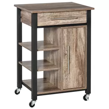 HOMCOM Carucior de bucatarie cu suport de pahare cu sertar, rafturi, dulap si 4 roti, fabricat din placi de PAL, 60x50x84.5 cm, culoare stejar imagine