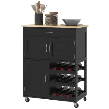HOMCOM Carucior de Bucatarie cu Suport pentru Sticle, 3 Usi, 4 Roti si Sertar, Dulapior de Bucatarie, 67x37x87 cm, Negru | Aosom Romania imagine