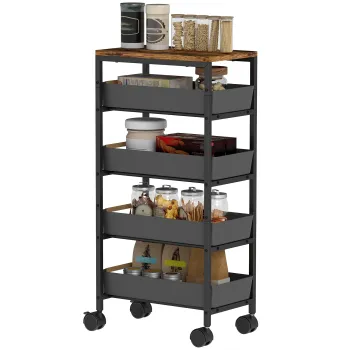 HOMCOM Carucior de Bucatarie de 5 Nivele Carucior Auxiliar cu Roti Tablou Efect Lemn Sertare Extrase 39,5x24x82 cm Negru | Aosom Romania imagine