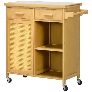 HOMCOM Carucior de bucatarie din bambus, Carucior multifunctional, Carucior de servire, 2 sertare, 1 dulap,  2 rafturi, Natural | Aosom Romania imagine