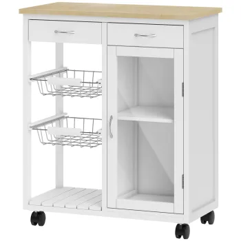 HOMCOM Carucior de Bucatarie din Bambus cu 2 Sertare, Dulap, Raft si 2 Cosuri din Otel, 67x35x80 cm, Alb | Aosom Romania imagine