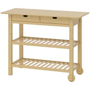 HOMCOM Carucior de Bucatarie din Lemn de Bambus cu 2 Sertare, 2 Rafturi si 2 Roti, 100x43x75 cm, Lemn | Aosom Romania imagine