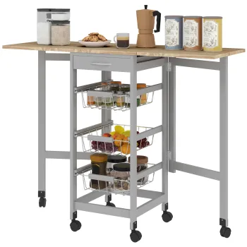 HOMCOM Carucior de Bucatarie din Lemn si Metal cu 3 Cosuri, Sertar si Clapete, 37x37x77.5 cm, Gri | Aosom Romania imagine