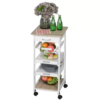 HOMCOM Carucior de Bucatarie Economisire Spatiu din Lemn Alb 37 x 37 x 82cm | AOSOM RO imagine