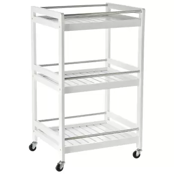 HOMCOM Carucior de Bucatarie Economisire Spatiu din Lemn si Otel Inox, cu 3 Etajere si 4 Roti 360?, Alb, 45 x 38 x 78cm imagine