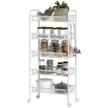 HOMCOM Carucior de Bucatarie Economisitor de Spatiu cu 5 Nivele si Cosuri de Plasa, 45x26.5x106 cm, Alb | Aosom Romania imagine